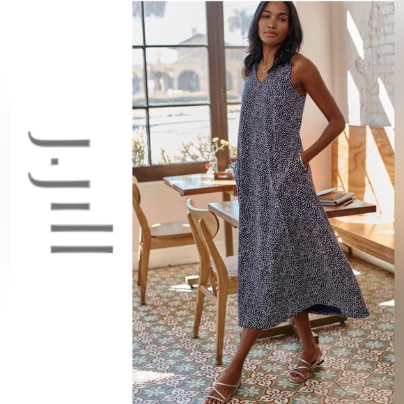 J. Jill Navy and White Jersey Dots Dress Sz M POCKETS! - Picture 1 of 12